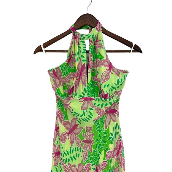 Lilly Pulitzer Silk Butterfly Halter Style Midi Vintage Green/Pink Dress size 2 - Picture 2 of 5